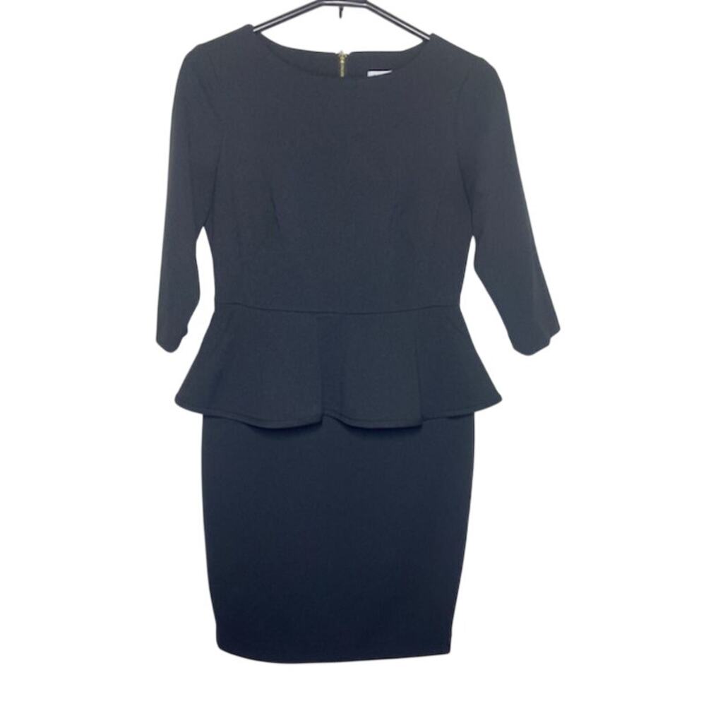 Calvin Klein Black Peplum Sheath Dress Size 6P Structured Sleeves Knee Length